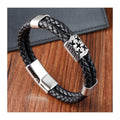 YUNSE Newest Gifts Design Trendy Classic Stainless Steel Christian Cross Black Unisex Leather Bracelet 21cm with Custom Length