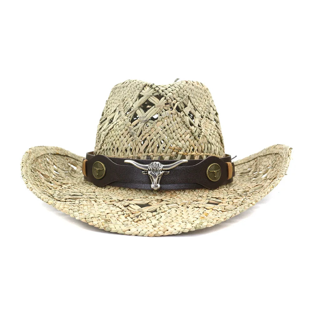 Summer New Fashion Hollow Out Design Mexican Cowboy Hat Natural Seagrass Straw Hat for Women Men Beach Resort Holiday Travel