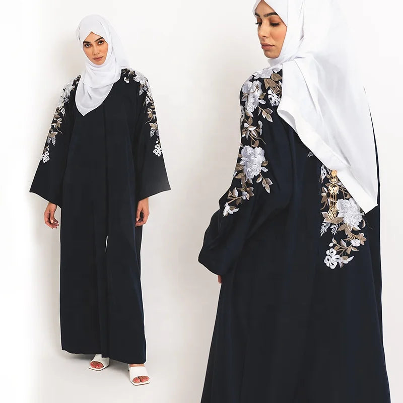 Custom Muslim Kimono Dress Woman Abaya Embroidery Floral Navy Open Kimono