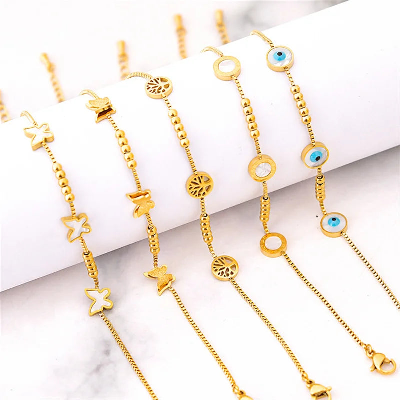 New Arrival Waterproof Stainless Steel Jewelry Geometric Eviles Eyes Hollow Tree of Life Butterfly Shell Bracelets for Women