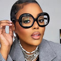 DL Women's Solid PC Large Round Frame Fashion Sunglasses Anti Blue Light Flat Clear Lens Color Blocking Eyeglass Frame