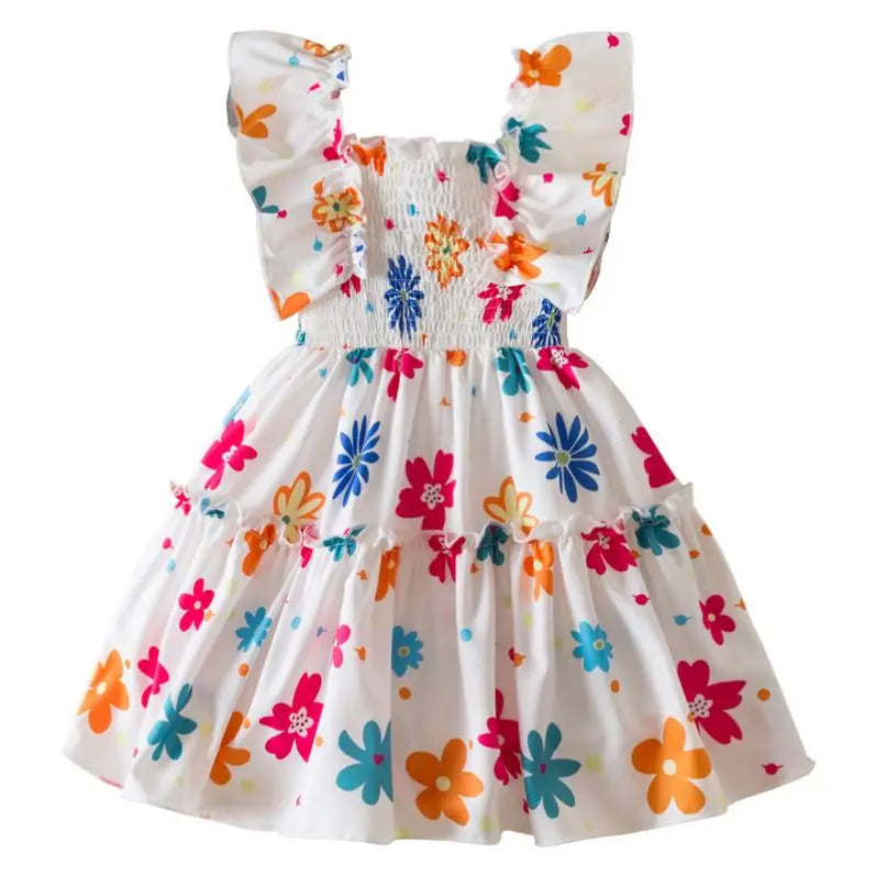 2025 Summer New Girls Dress Korean Style Flying Sleeves Colorful Flower Princess Dress Girls Casual A- Line Dress