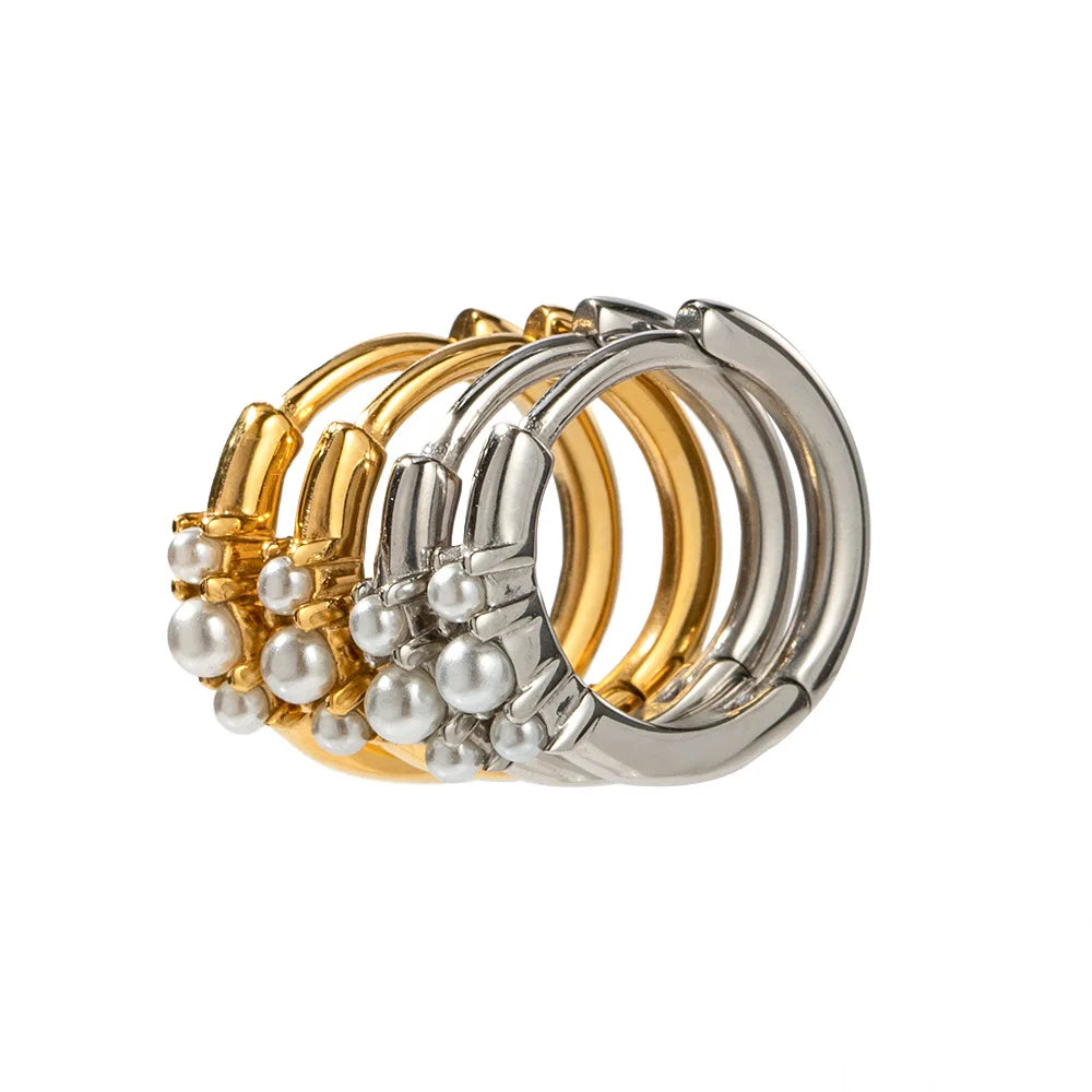Classical Women Tiny Stainless Steel Round Circle Clip on Earrings PVD Gold Plated Pearls Hoop Earrings Jewelry Lady Earrings