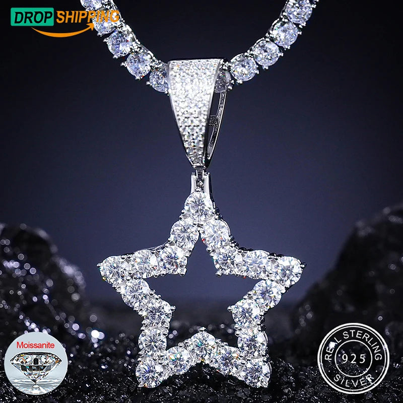 Dropshipping Bling Hip Hop Jewelry Gift 925 Sterling Silver VVS Moissanite Diamond Iced Out Hollow Star Pendant for Men Women