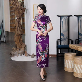 Purple Chinese Style New Spring Summer Improvement Cheongsam Skirt Long Satin Printed