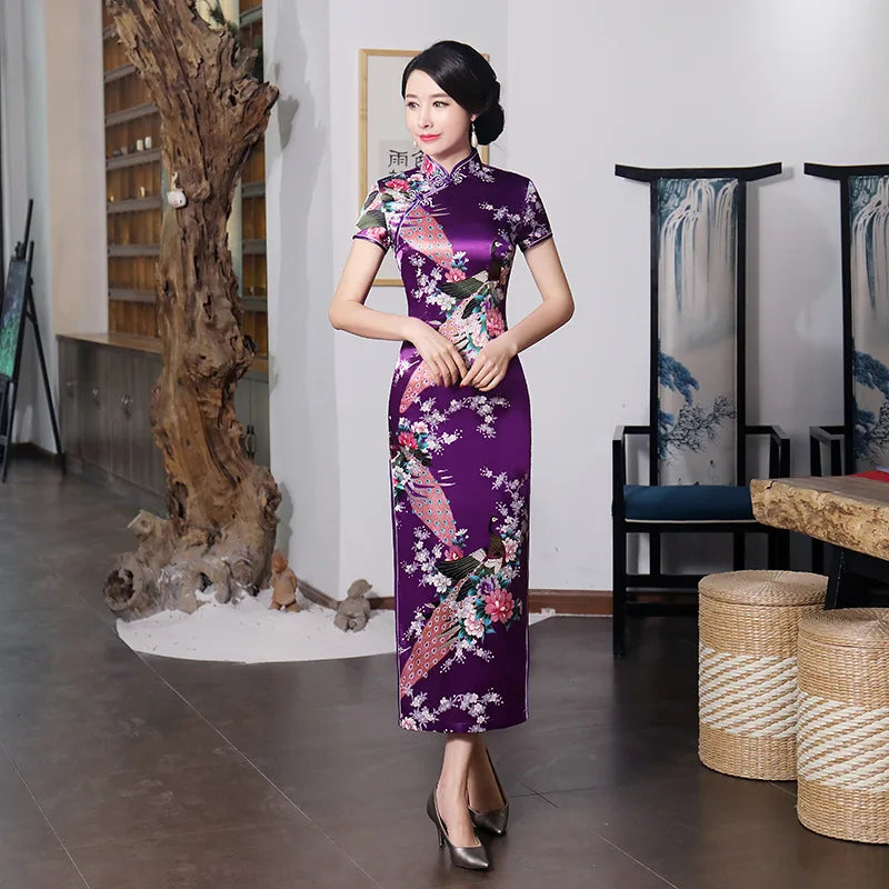 Purple Chinese Style New Spring Summer Improvement Cheongsam Skirt Long Satin Printed