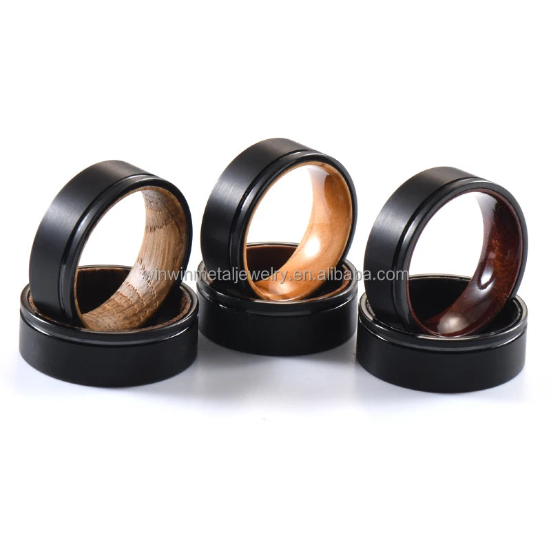 8mm Black Tungsten Wedding Band for Men Offset Inlay Whiskey Barrel Olive Wood Ring for Engagement Anniversary Promise Gift