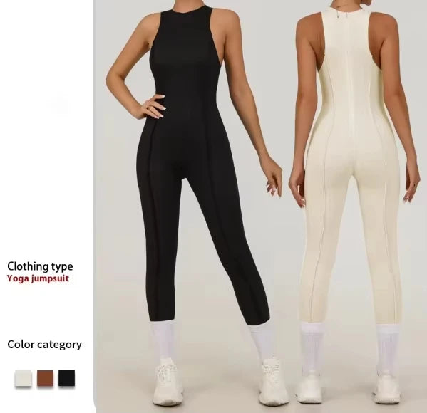 European American Three-Dimensional Sports Yoga Jumpsuit High Elasticity Quick-Drying Fitness Leggings Solid Waist Sleeveless