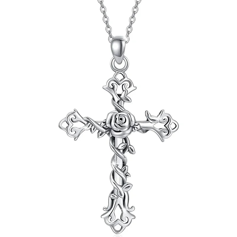 Huitan OEM Vintage Style Flower Design Cross Necklace for Women Men Punk Fashion Party Silver Plated Pendant Necklaces Wholesale