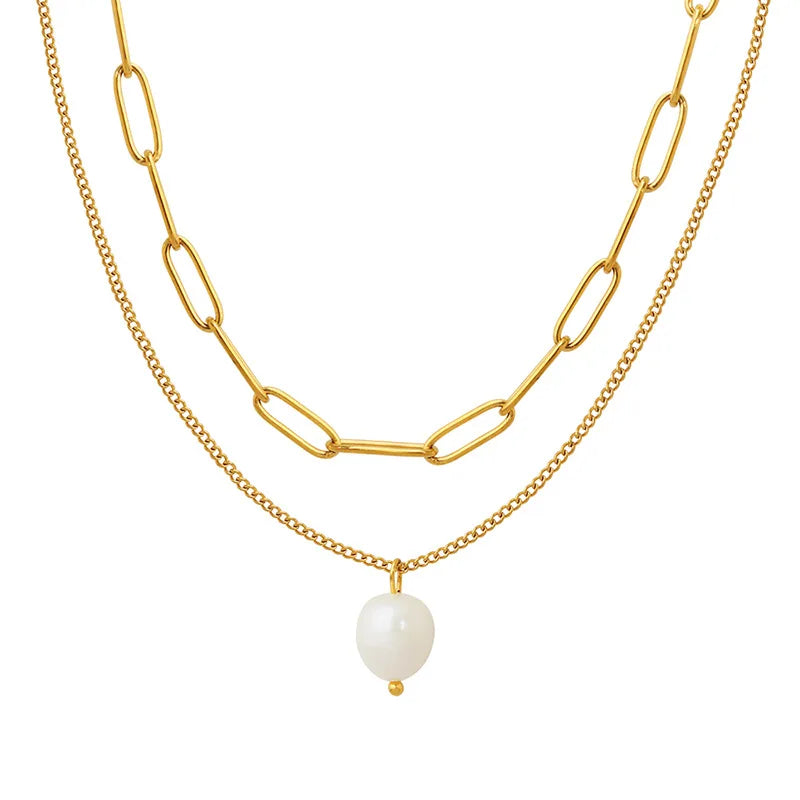 High End Waterproof 18k Gold Plated Stainless Steel Freshwater Pearl Pendant Paper Clip Double Layer Chain Necklace YF3365