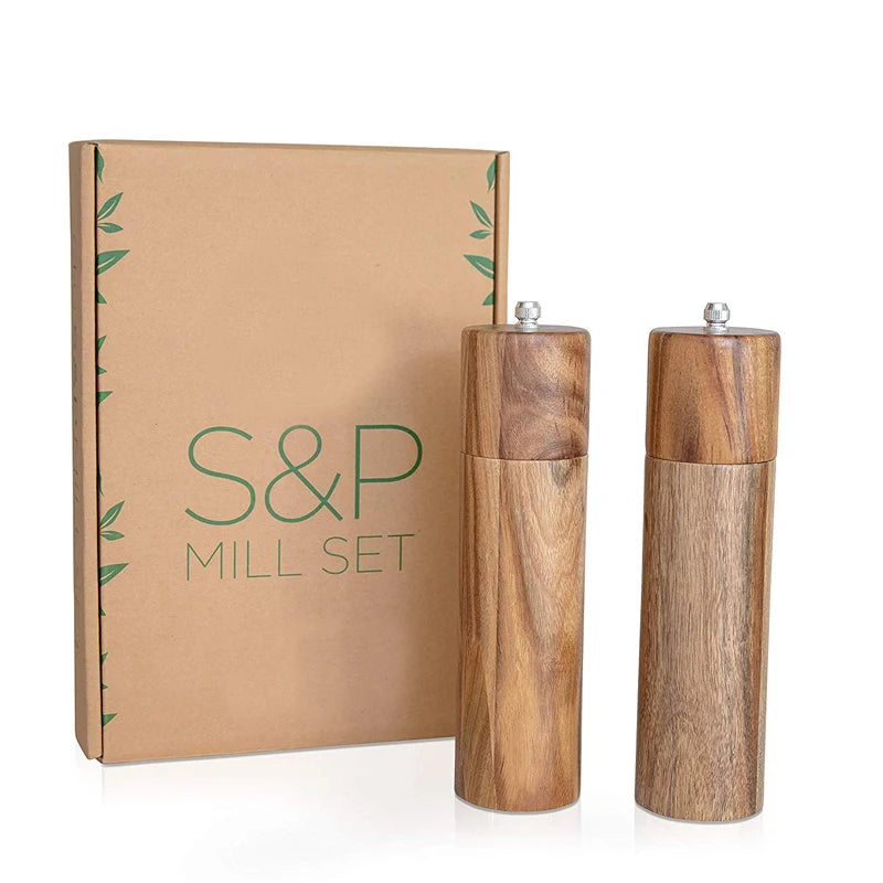Wooden Salt and Pepper Grinder Set Manual Acacia Wood 8 Inch Elegant Sea Salt and Pepper Corn Mills for Seasoning Meal Prep