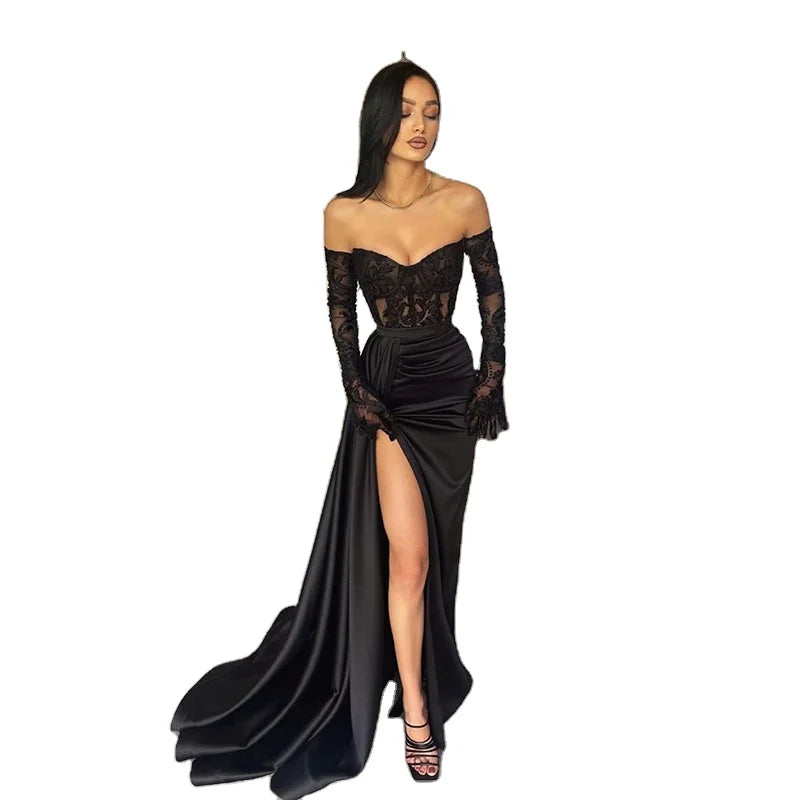 Bridalaffair 2023  Evening Gowns  Black Mermaid Sequined Plus Size Evening Dress Pleated High Split Women Short Party Dress