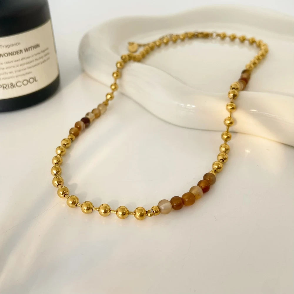 Titanium Steel Gold-plated Round Beads Natural Stone Handmade Beaded New Joyas De Acero Inoxidable Necklace