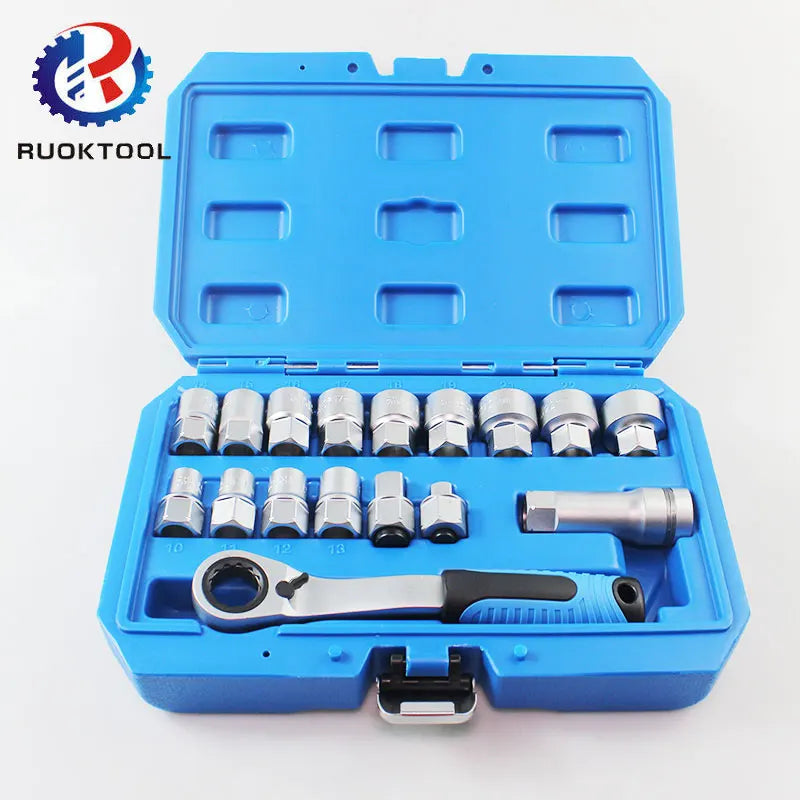 17 Piece 10mm-24mm Chrome Vanadium 12 Points Pass Through Socket Ratchet Wrench Set with Reversible Ratchet and Extension Bar MegaBDM