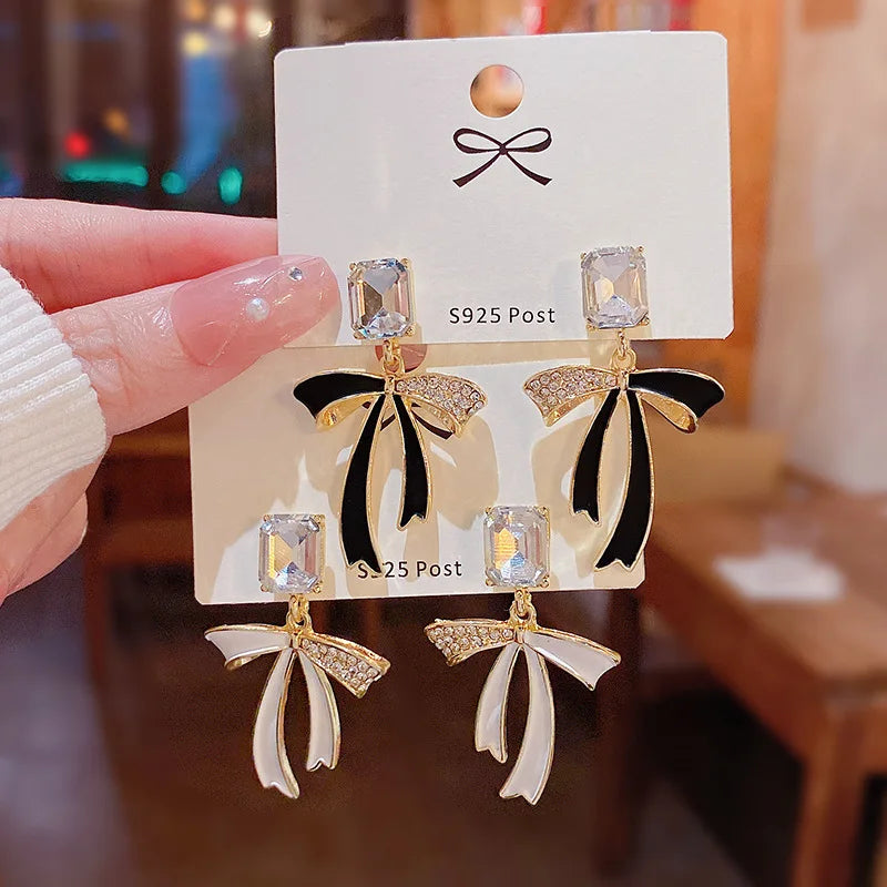 Cute Fashion Ribbon Bow Rhinestone Earrings for Women Summer Earrings 2022