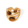 N&S 18K Gold Stainless Steel Open Ring Natural Tiger's Eye Stone Geometric Cut Diamond Religious for Party Wedding for Children