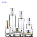 New Design Fancy Transparent Glass Skin Care Lotion Glass Dropper Bottle Serum Pump Spray Cosmetic Bottles and Glass Jars Set