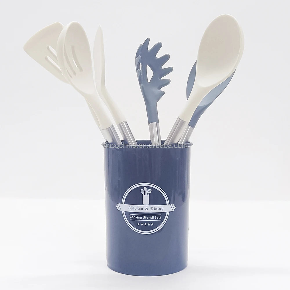 6 Pcs Silicone with Stainless Steel Handle Cooking Spoon Spatula Utensils Set with Holder