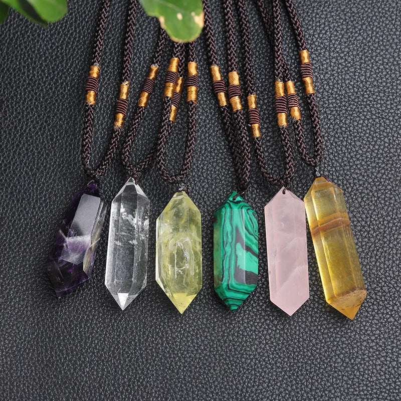 Wholesale Energy Gemstone Necklace Jewelry Real Stone Pendant Amethyst Lapis Lazuli White Quartz Two Point Crystal Pendant