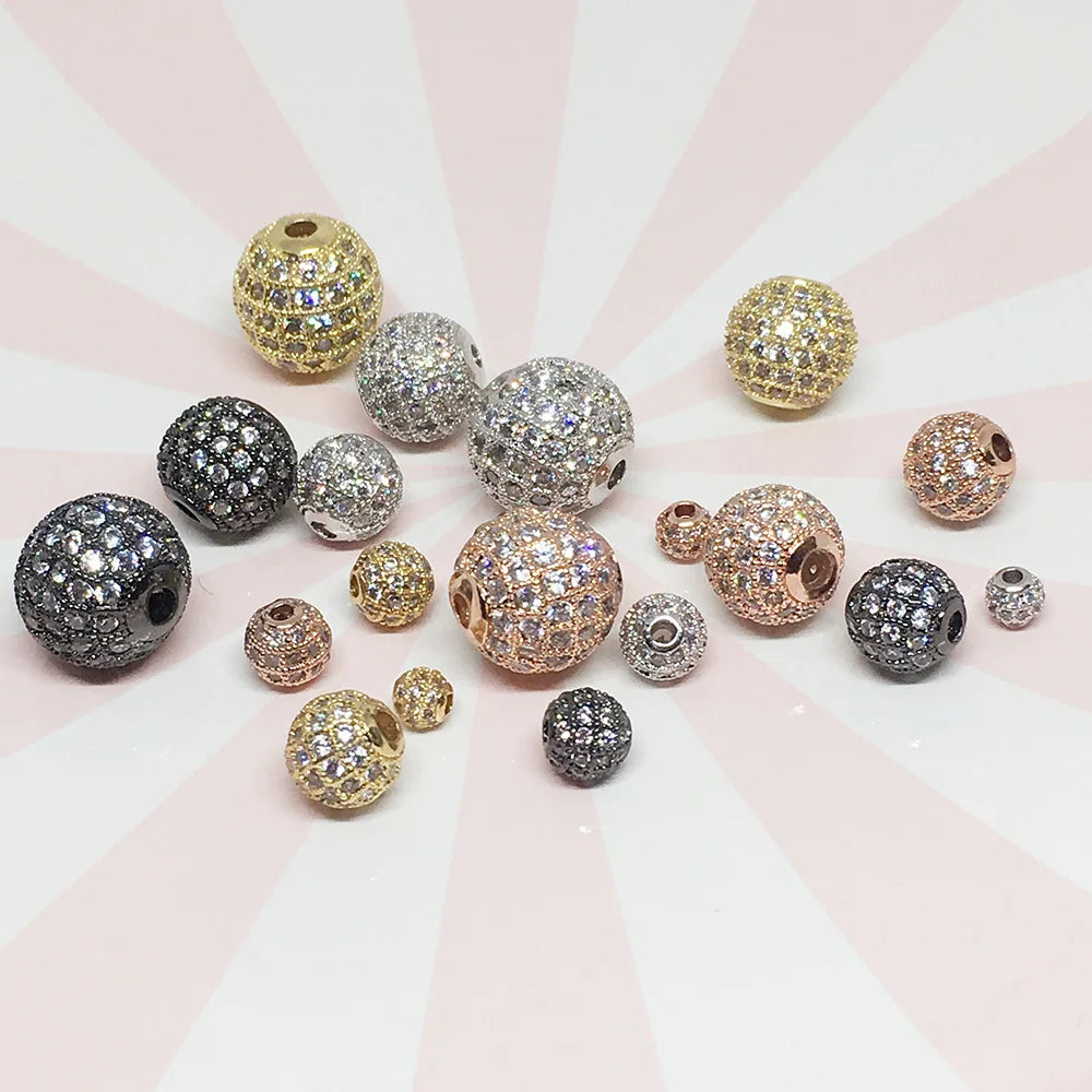 Wholesale Round Spacer Bead Black Silver Gold Rose Gold Cubic Zirconia Micro Paved Findings Brass Loose Beads for Jewelry Making