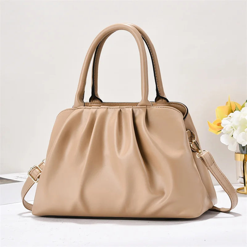 Women's Large Soft PU Leather Pleated Cloud Crossbody Handbags Luxury Solid Color Casual Style With Zipper Closure