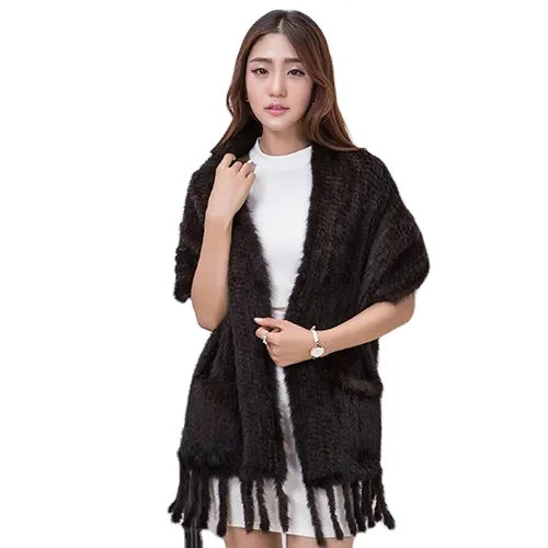 MWFur Fashion Mink Haur Warm Scarf  for Lady Winter Season Street Fashion Mink Fur Scarf Women Knitted Fur Shawl With Pocket