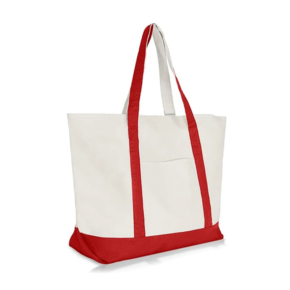 Low MOQ Custom Heavy Duty Cotton Canvas Tote Bag Reusable Shopping Beach Bag with External Outer Pocket