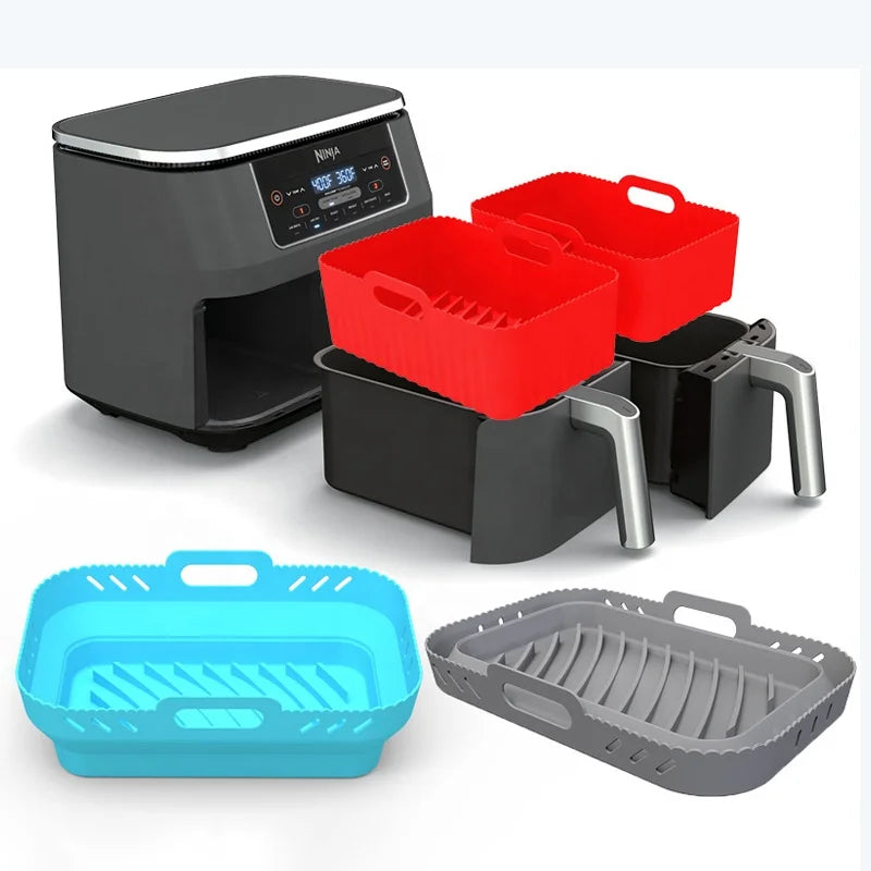 Best Price Collapsible Foldable Rectangle Air Fryer Silicone Liner Basket Reusable Dual Air Fryer Silicone Pot Liners for Ninja