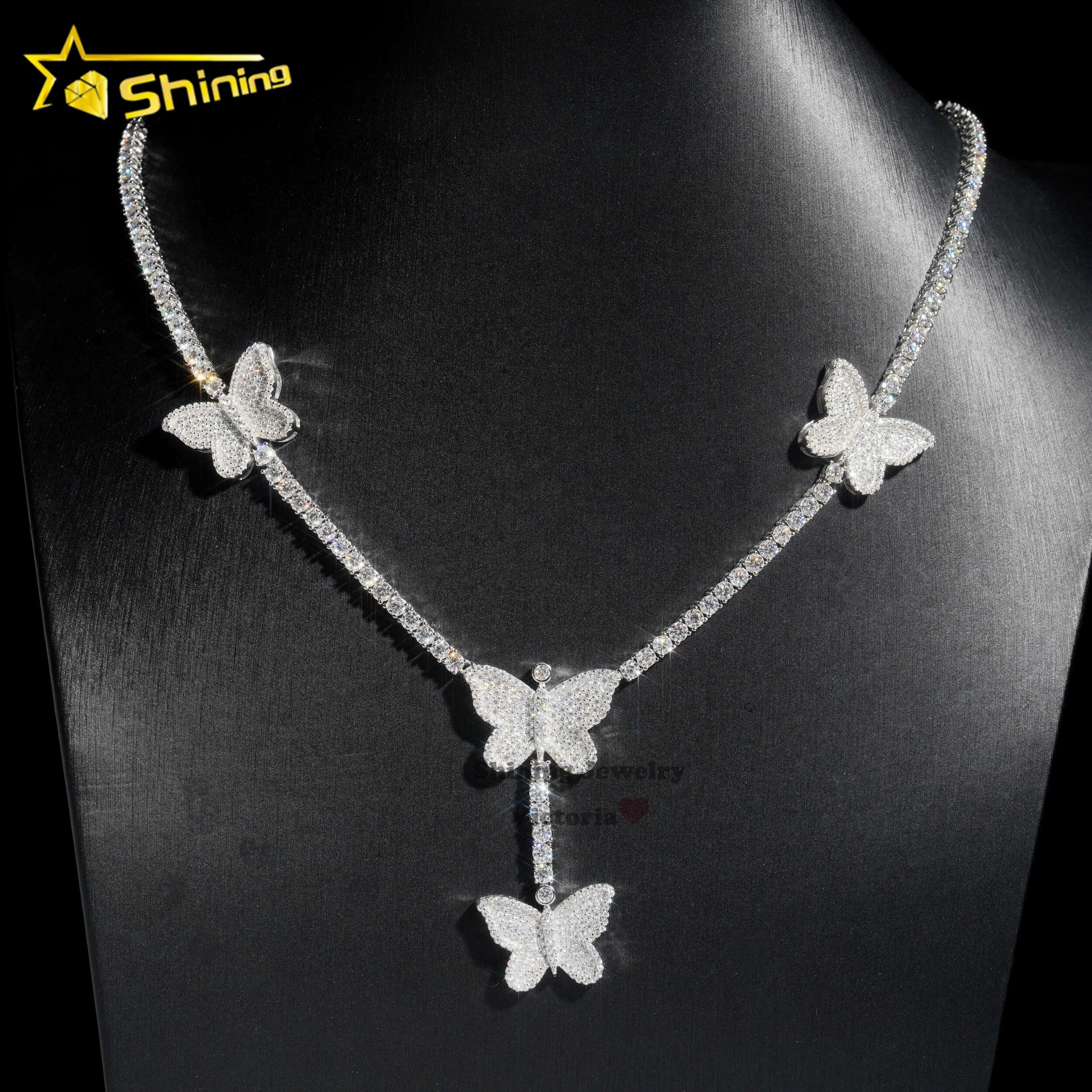 New Arrival Luxury Hip Hop Jewelry 3mm 925 Sterling Silver VVS Moissanite Diamond Iced Out Butterfly Drop Tennis Chain Necklace