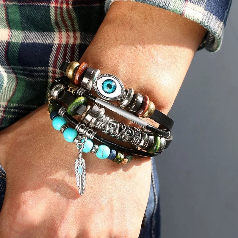 Vintage Multi-Layer Turquoise Eye Bracelet for Men Feather Pendant Metal Braided Handmade Accessory