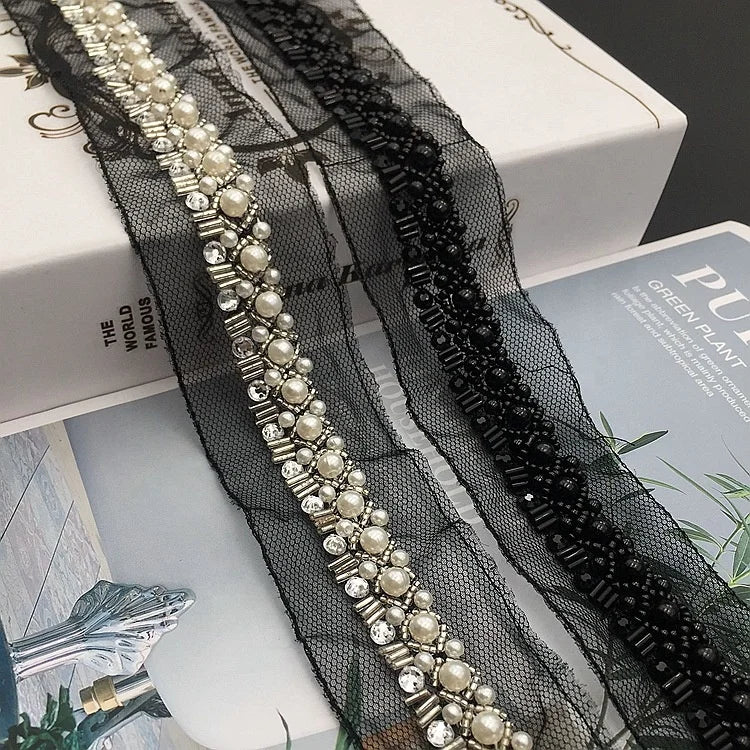 Wholesale Embroidery Acrylic Rhinestone Beaded Net Lace Trim Ivory LT2450B