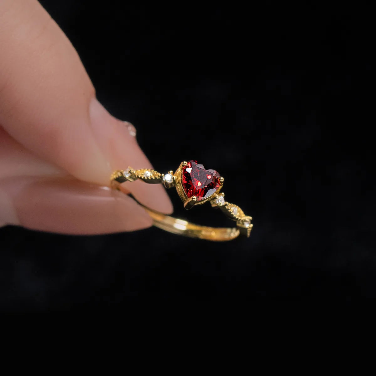 Fashion Jewelry 925 Sterling Silver Thin Rings love Heart Diamond Red Zircon Adjustable Gold Plated Rings Women Valentine's Day