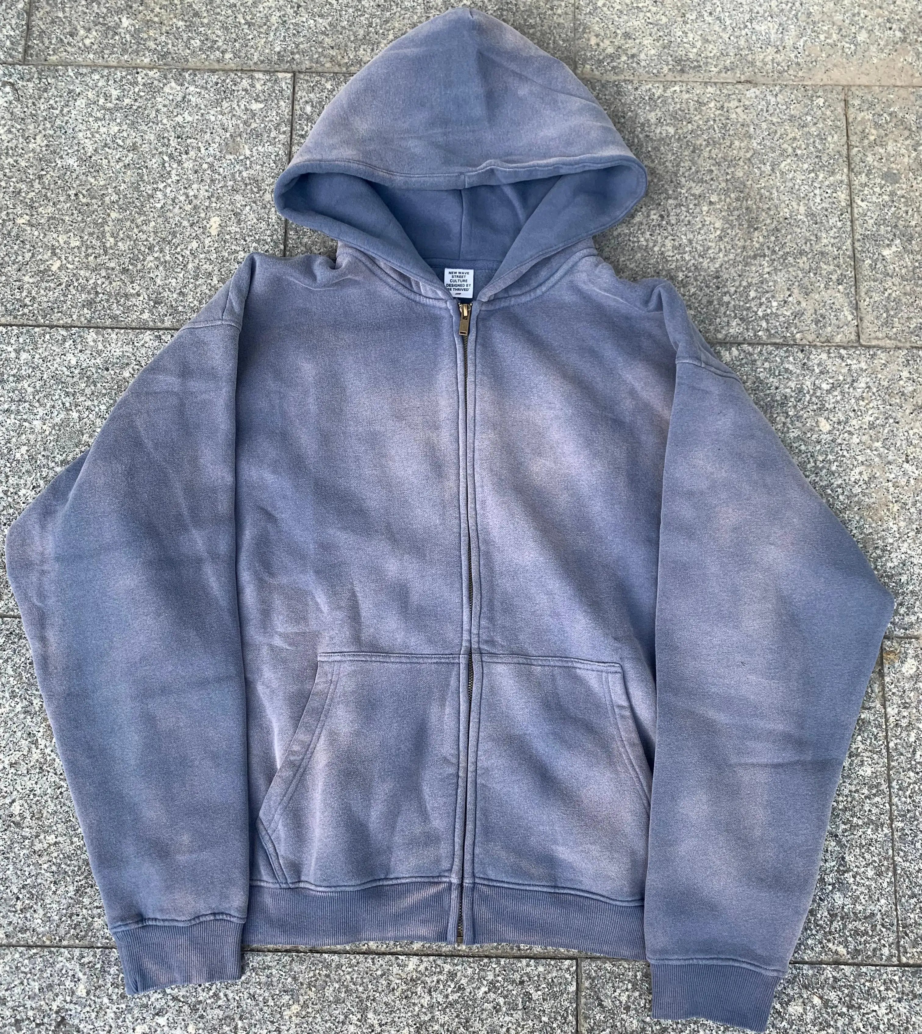 Custom Applique Embroidery Distressed Hoodie Rhinestone Acid Wash Vintage Washed Men Jersey Streetwear 100% Cotton Winter
