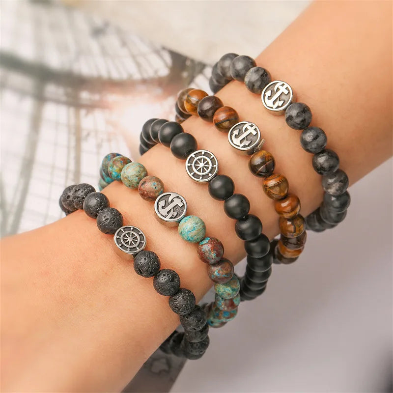 Hot Selling Fashion Volcano Natural Tiger Eye Stone Anchor Bead Stretch Pendant Bead Bracelet for Men