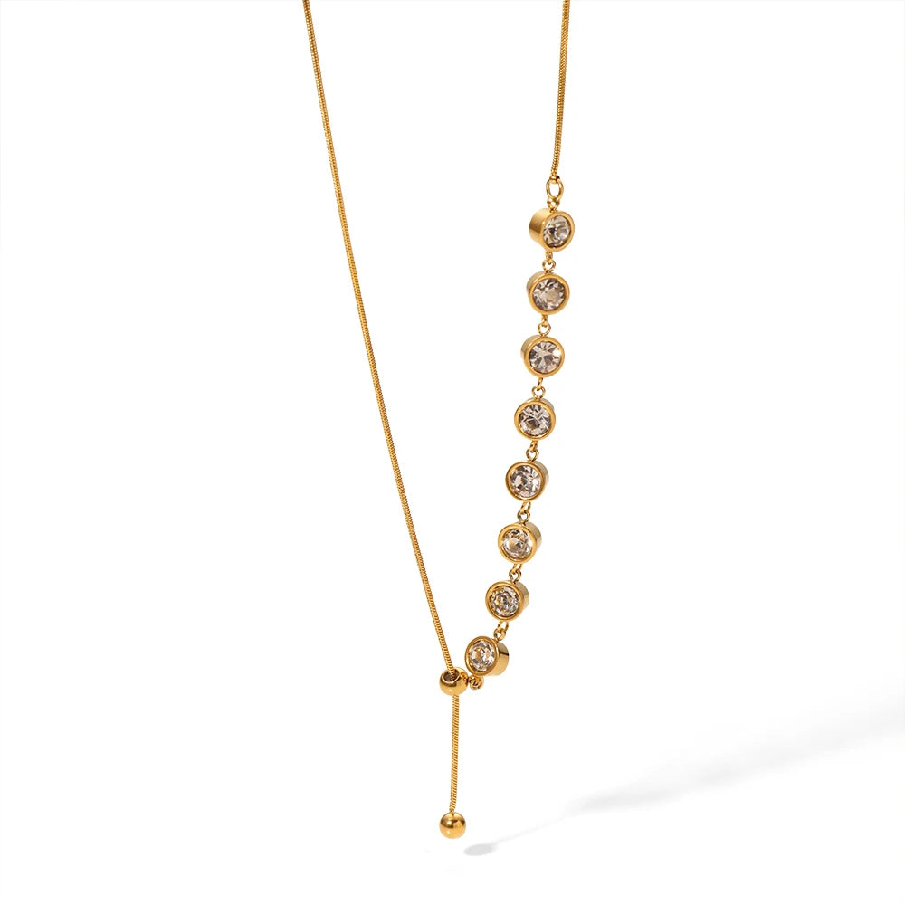 Luxury Stainless Steel 18K Gold Plated 8PCS Round Cubic Zircon Charms Y Shape Bead Pendant Necklace for Women