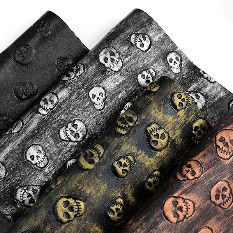 Vintage Wholesale Solid Color Bronze Skull Embossed Faux Leather Rolls for Making Cosmetic Bag