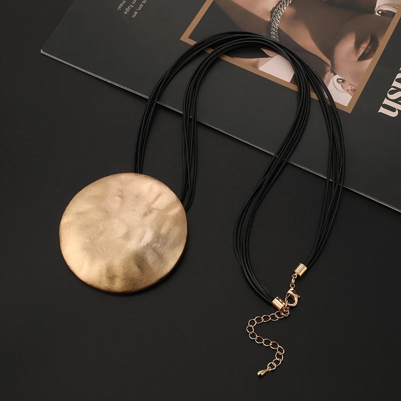 TongLing European Exaggerated Alloy Handmade Vintage Big Round Piece Long Pendant Necklace for Women
