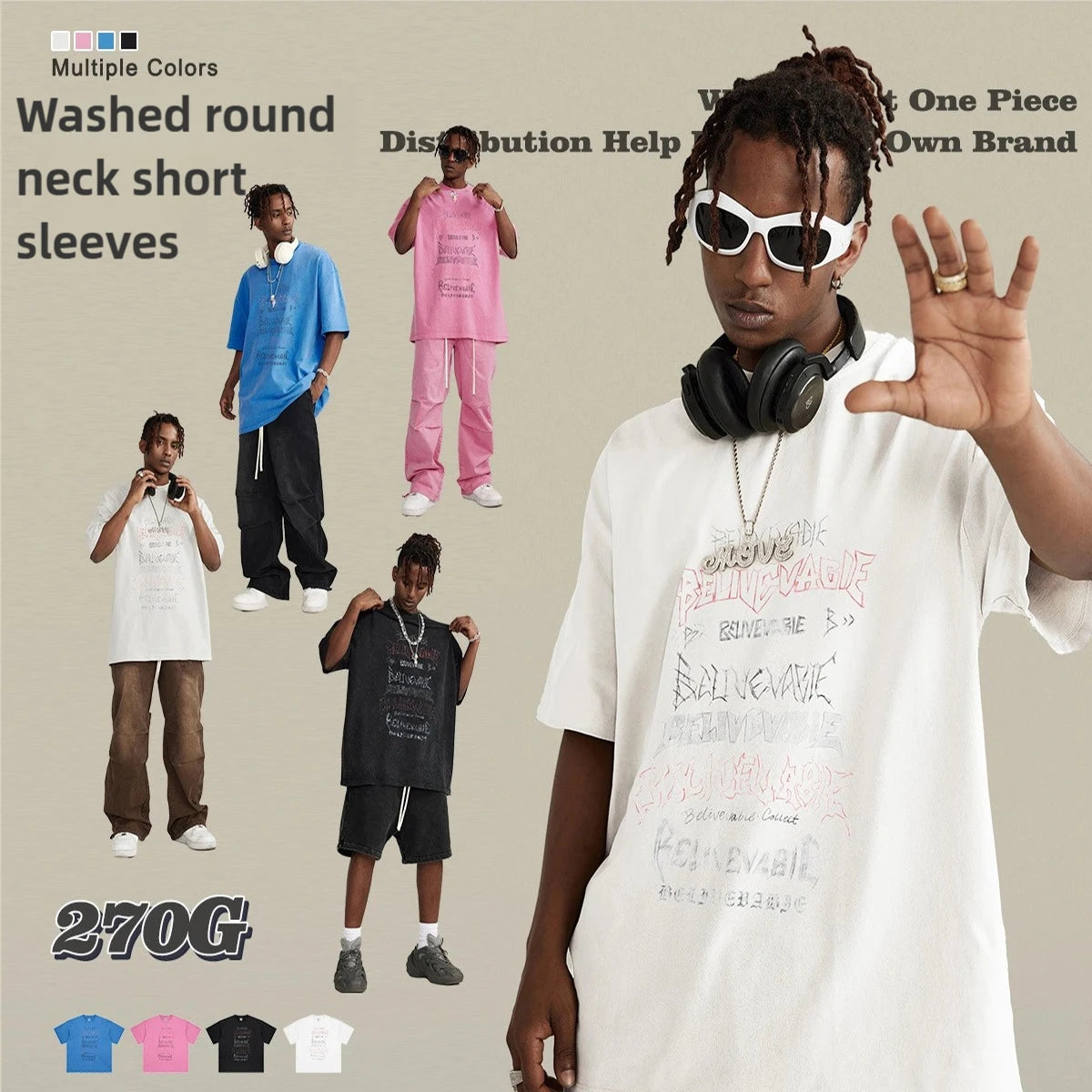 American Fashion Brand 270G Short Sleeve T-Shirt 100% Cotton Retro Wash Quick Dry Breathable Print with Pattern Design