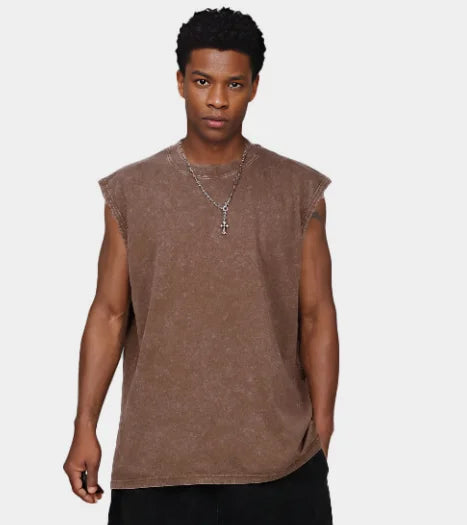 285 GSM Heavyweight 100% Cotton  Industry Washed Split Fork Vest Sleeveless Loose tank Tops for Men