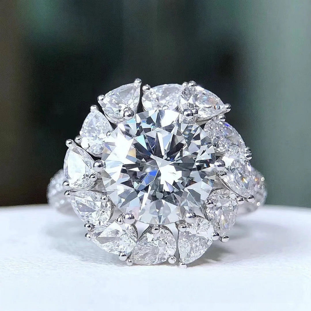 Silver 925 Original 3 Carat Brilliant Cut Diamond Test Past D Color Moissanite Blossom Ring for Teen Girls Wedding Fine Jewelry
