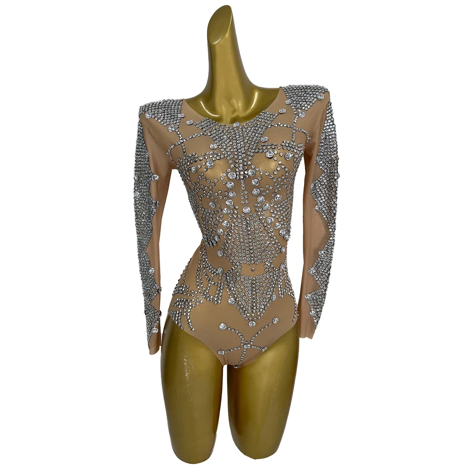Sexy Long Sleeves One Piece Short Jumpsuit Show Festival Outfit Pole Dance Costumes Women Party Celebration Rhinestone Bodysuit
