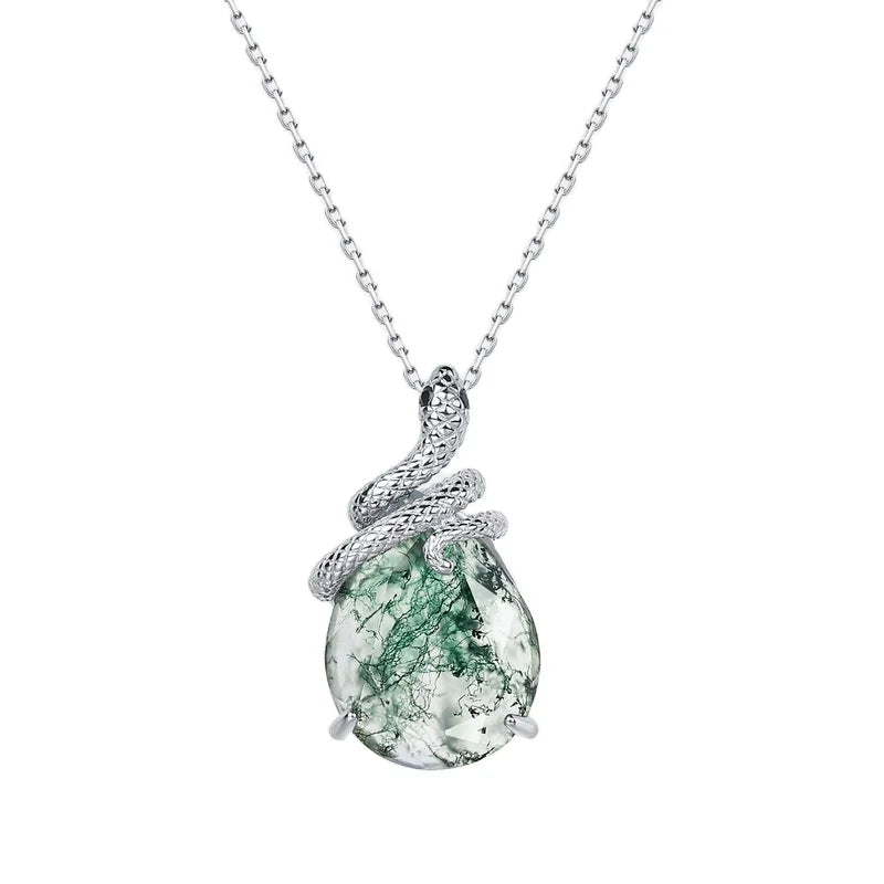 Snake Shape Green Moss Agate Gemstone Pendant 925 Sterling Silver