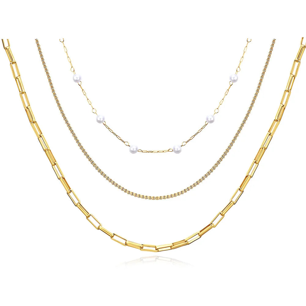 Zhongzhe Layered Necklace 18k Gold Stainless Steel Stack Pearl Minimalist Thin Chain Necklaces Trendy for Wedding Party