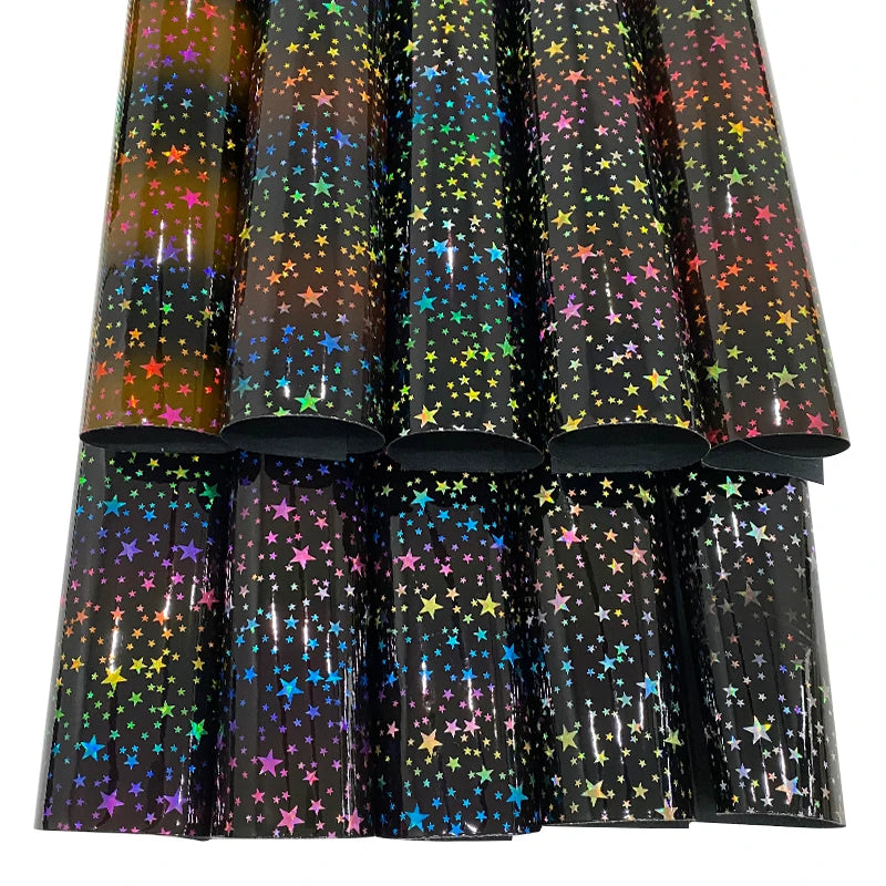Colorful Shiny Star Printed PU Holographic Mirror Multicolored Synthetic Leather Fabric for Making Shoe/Bag/Purse/Earring