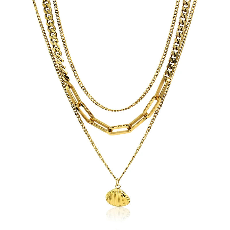 Best Sell Fashion Double Layered Carabiner Necklace Shell Round Pendant Zircon Necklace for Women for Party