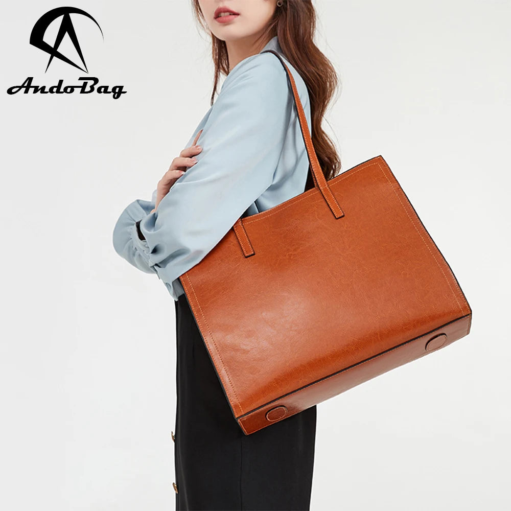 AndoBag Top Handle Satchel for Women Genuine Cow Leather Tote Bags Large Capacity Shoulder Bag Commuter Handbag 66-065