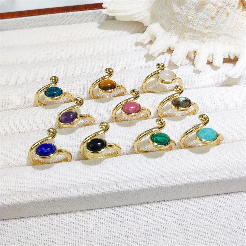 Trendy New Design Gold Plated Tiny Stone Ring Natural Crystal Rhodonite Black Obsidian Rings Resizable for Women Daily Wearing