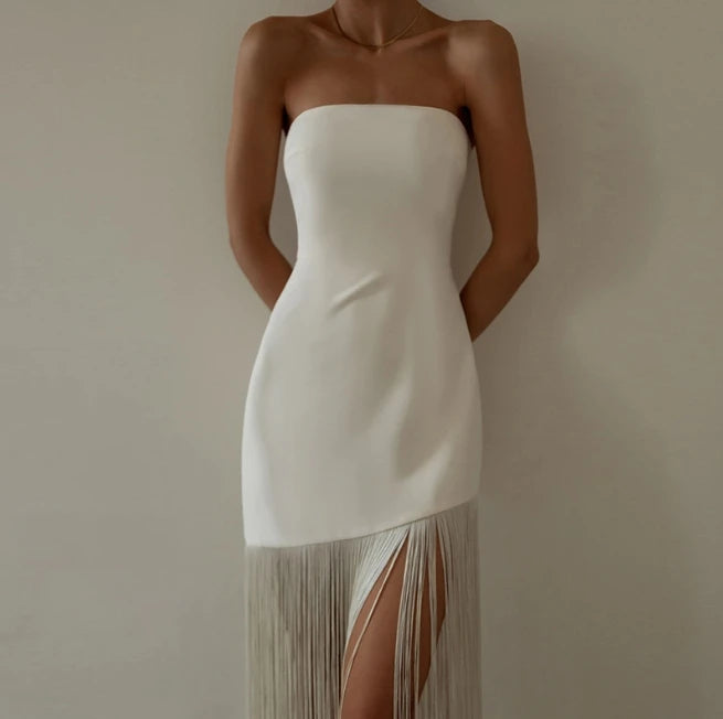 European and American Fashion 2023 Summer New Tassel Sexy Strapless Slit Dress for Women