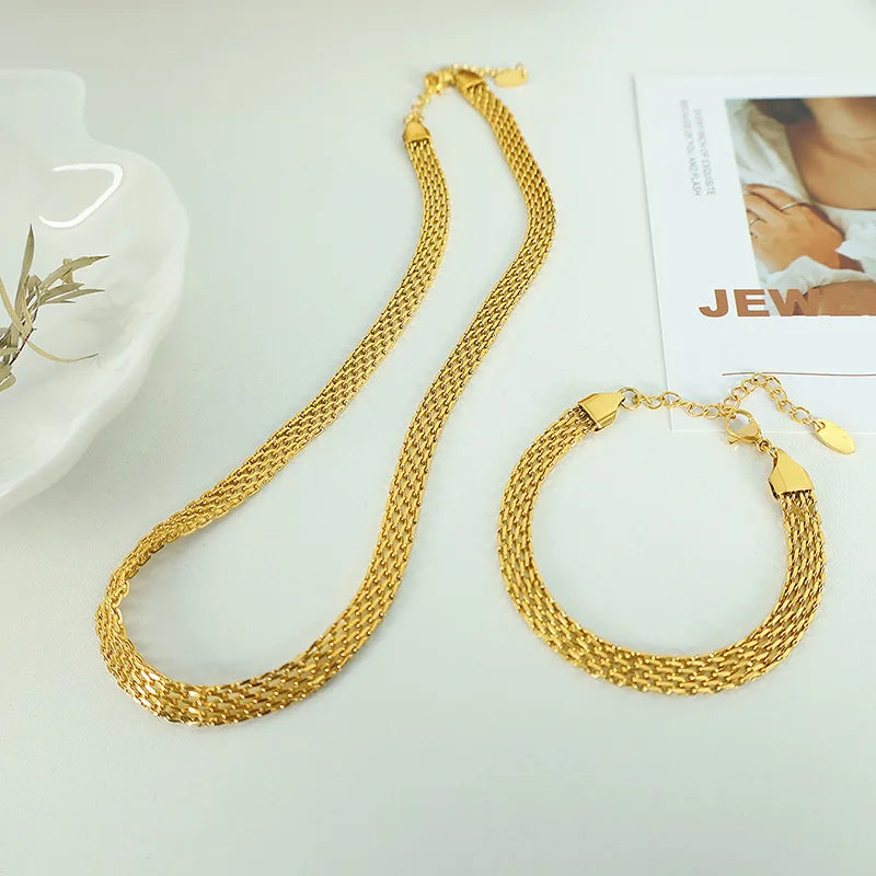 Simple Hollowed Jewelry Set Braided Titanium Steel Versatile Retro Gold Plated Choker Bracelet Necklace