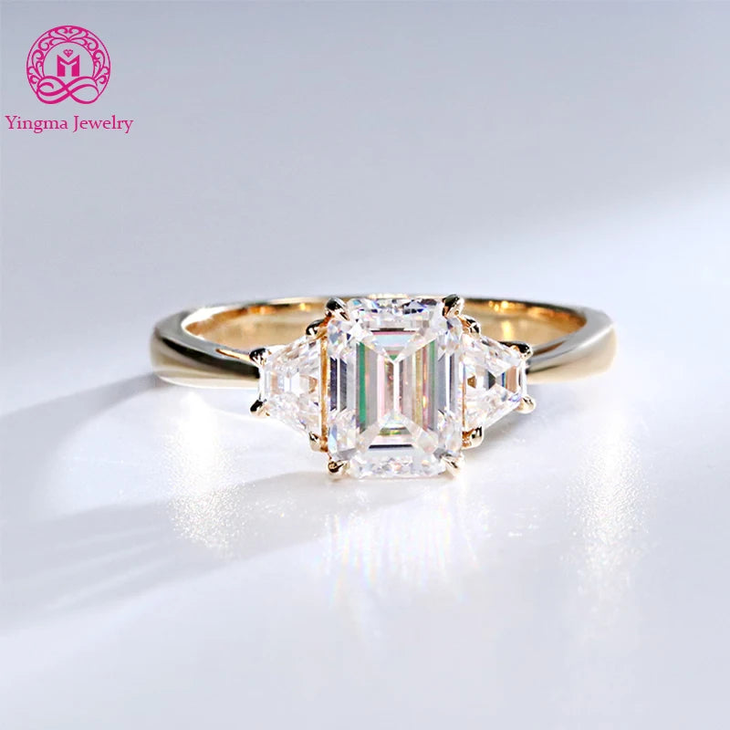 14K Solid Yellow Gold Moissanite Diamond Ring Emerald Cut 2ct 6x8mm with Trapezoid 5x3x2mm Moissanite Trilogy Ring for Wedding